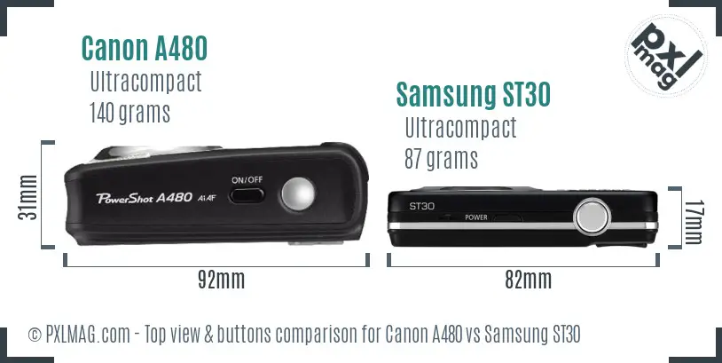 Canon A480 vs Samsung ST30 top view buttons comparison