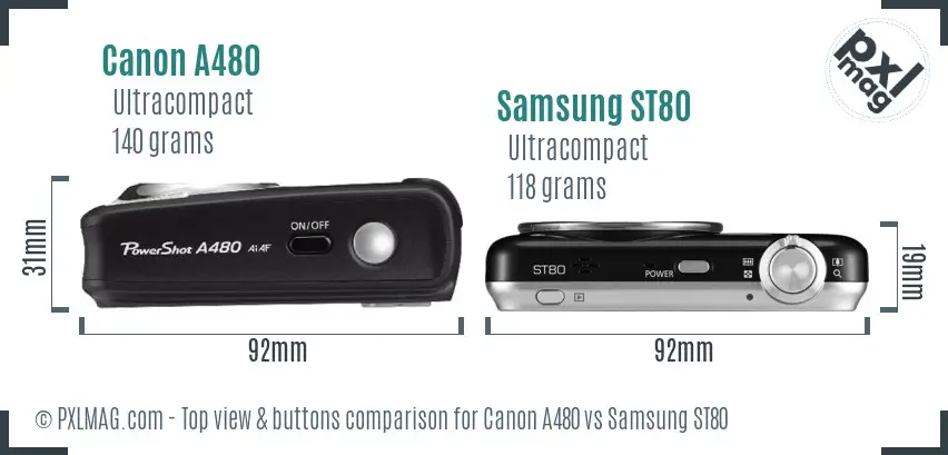 Canon A480 vs Samsung ST80 top view buttons comparison