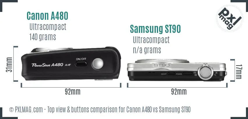 Canon A480 vs Samsung ST90 top view buttons comparison