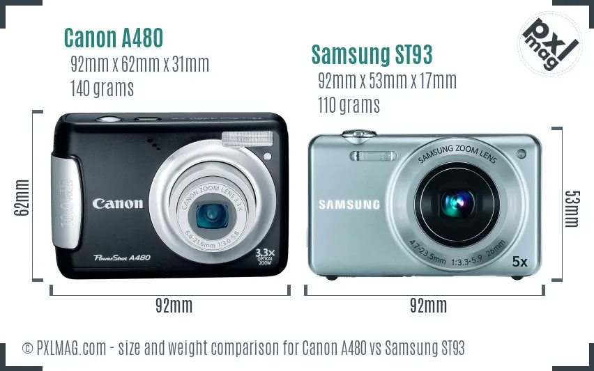 Canon A480 vs Samsung ST93 size comparison