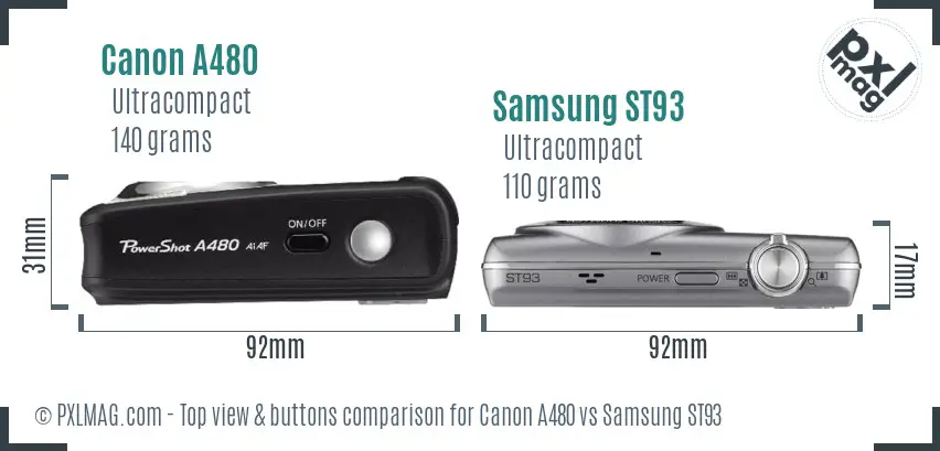 Canon A480 vs Samsung ST93 top view buttons comparison