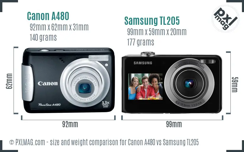 Canon A480 vs Samsung TL205 size comparison