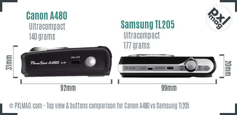 Canon A480 vs Samsung TL205 top view buttons comparison