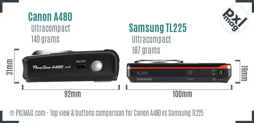 Canon A480 vs Samsung TL225 top view buttons comparison
