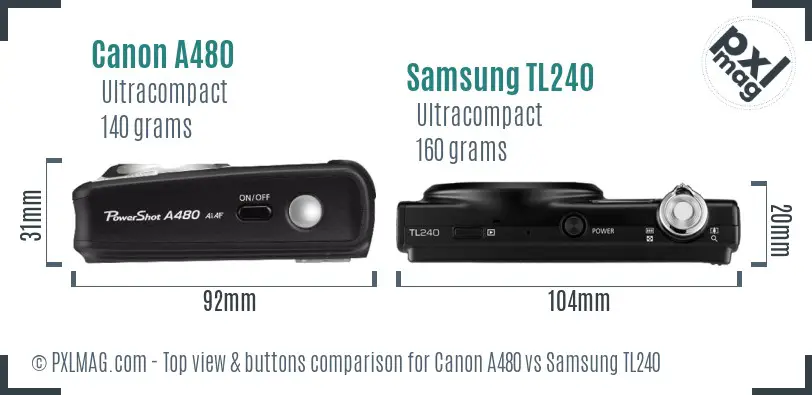 Canon A480 vs Samsung TL240 top view buttons comparison