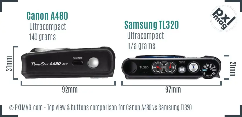 Canon A480 vs Samsung TL320 top view buttons comparison