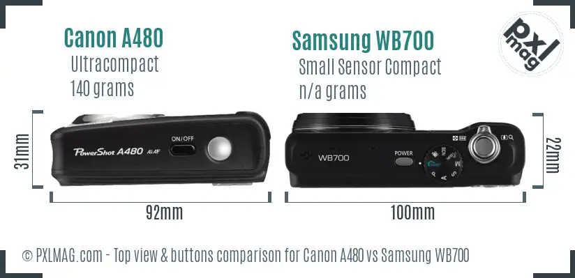 Canon A480 vs Samsung WB700 top view buttons comparison