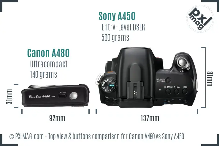 Canon A480 vs Sony A450 top view buttons comparison Canon A480 vs Sony A450 top view buttons comparison