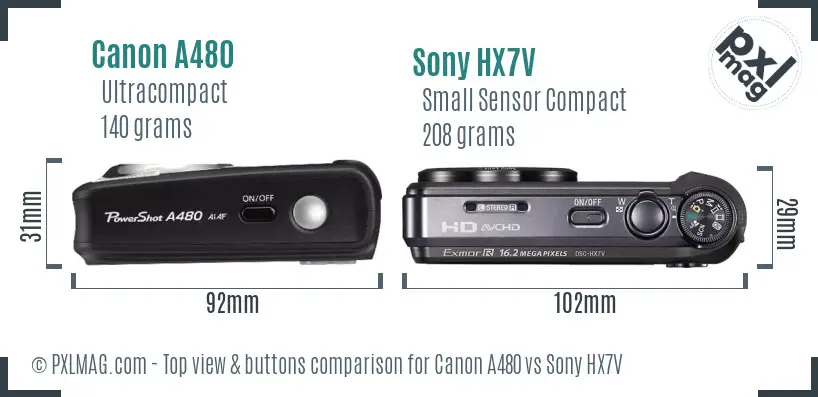 Canon A480 vs Sony HX7V top view buttons comparison