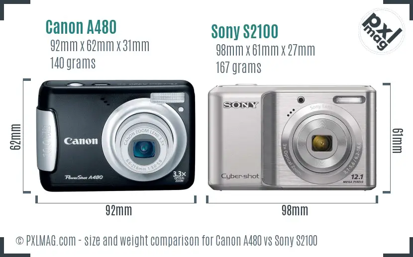 Canon A480 vs Sony S2100 size comparison