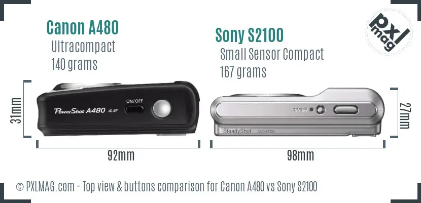 Canon A480 vs Sony S2100 top view buttons comparison