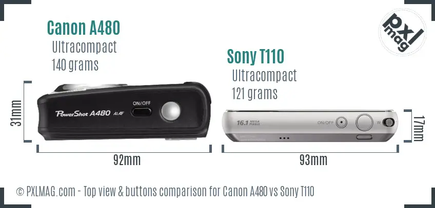 Canon A480 vs Sony T110 top view buttons comparison Canon A480 vs Sony T110 top view buttons comparison