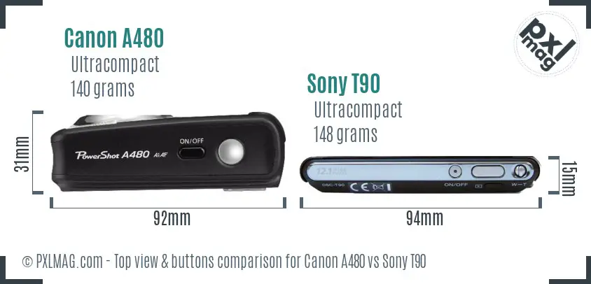 Canon A480 vs Sony T90 top view buttons comparison