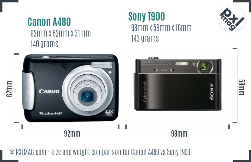 Canon A480 vs Sony T900 size comparison