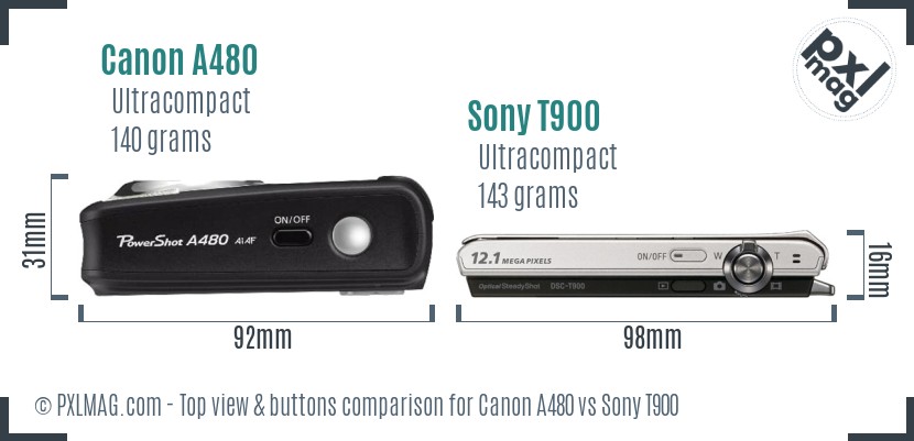 Canon A480 vs Sony T900 top view buttons comparison
