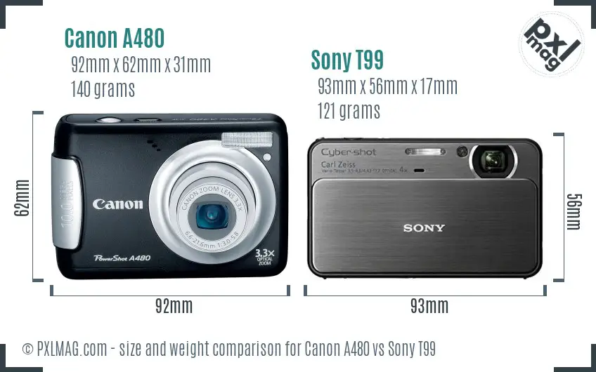 Canon A480 vs Sony T99 size comparison