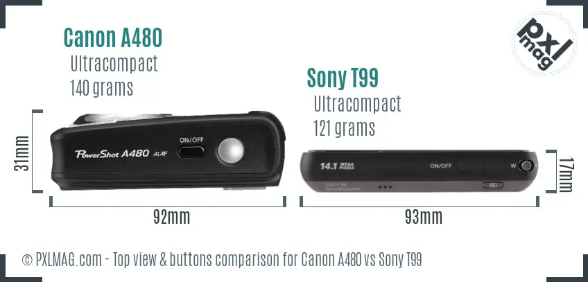 Canon A480 vs Sony T99 top view buttons comparison
