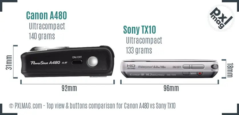 Canon A480 vs Sony TX10 top view buttons comparison