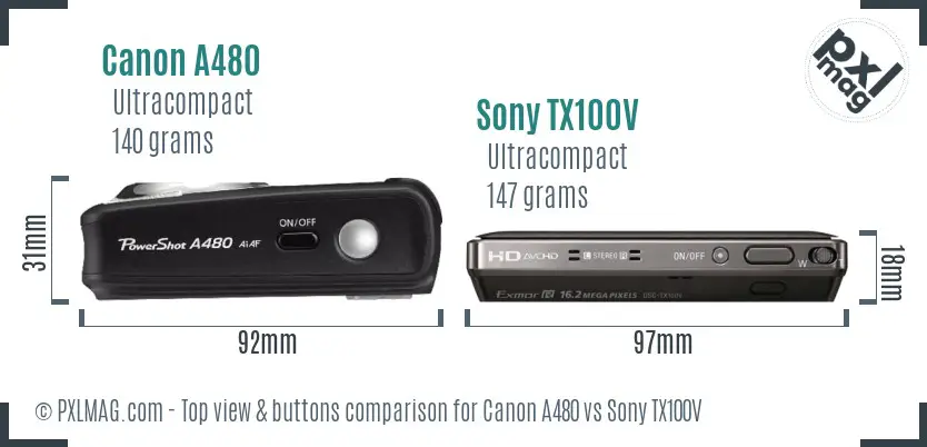 Canon A480 vs Sony TX100V top view buttons comparison