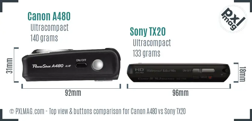 Canon A480 vs Sony TX20 top view buttons comparison