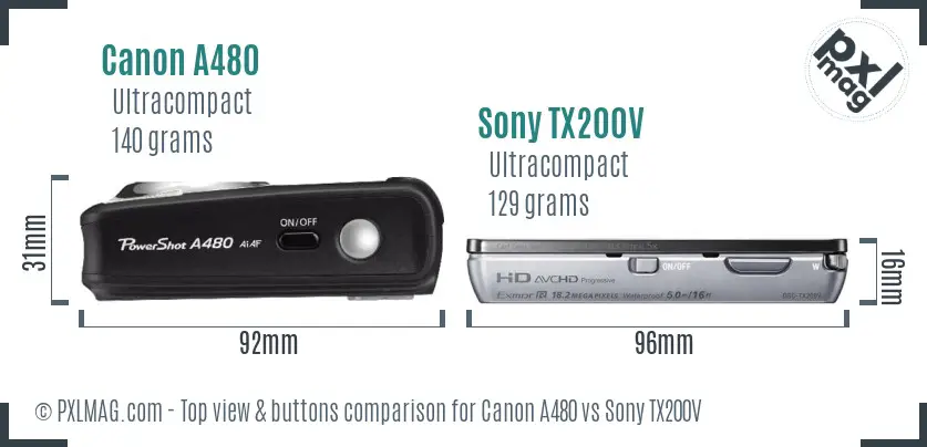 Canon A480 vs Sony TX200V top view buttons comparison