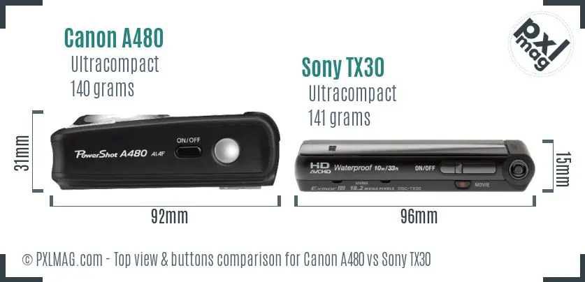 Canon A480 vs Sony TX30 top view buttons comparison