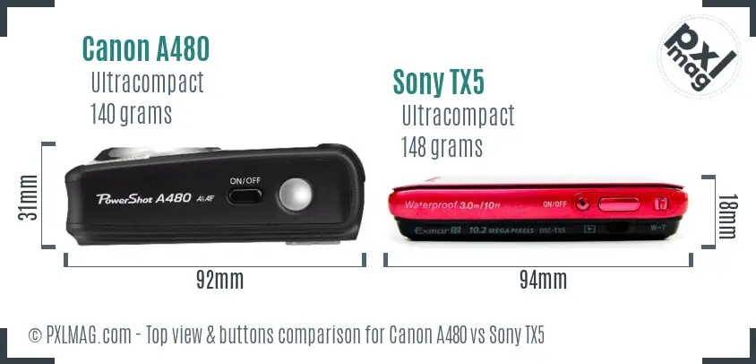 Canon A480 vs Sony TX5 top view buttons comparison