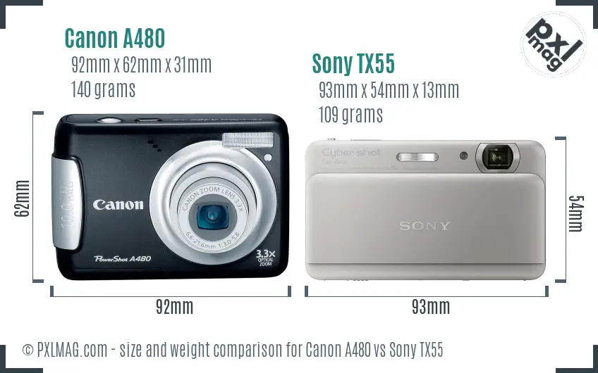 Canon A480 vs Sony TX55 size comparison