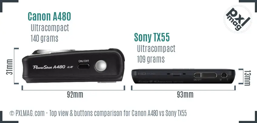 Canon A480 vs Sony TX55 top view buttons comparison