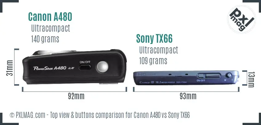 Canon A480 vs Sony TX66 top view buttons comparison