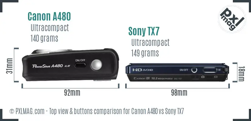Canon A480 vs Sony TX7 top view buttons comparison