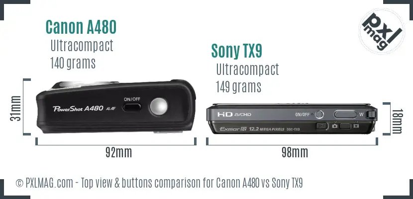 Canon A480 vs Sony TX9 top view buttons comparison