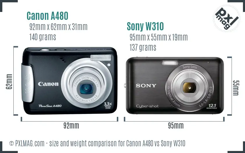 Canon A480 vs Sony W310 size comparison