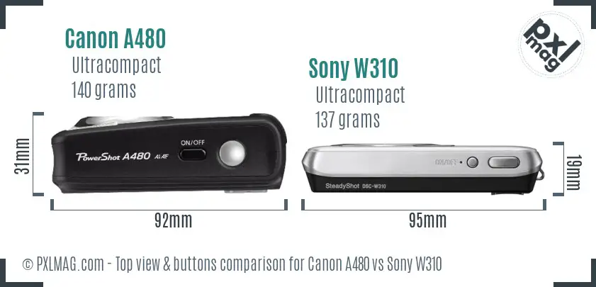 Canon A480 vs Sony W310 top view buttons comparison
