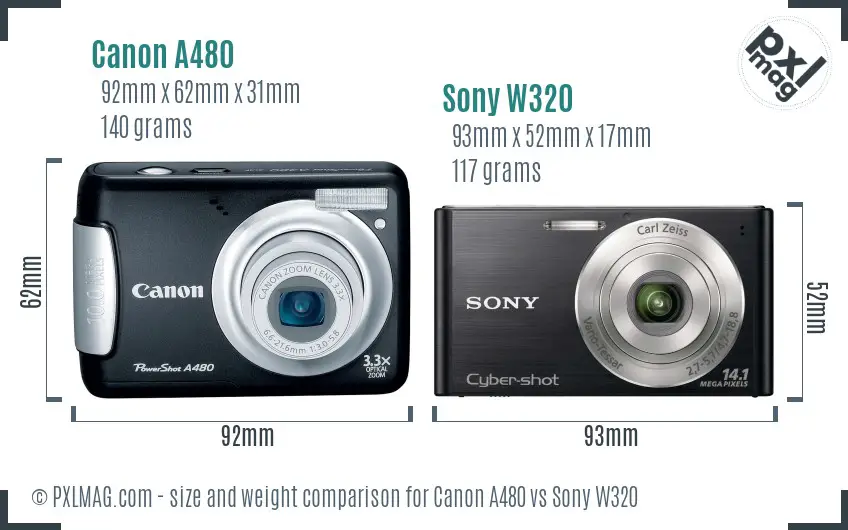 Canon A480 vs Sony W320 size comparison