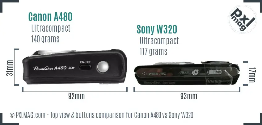 Canon A480 vs Sony W320 top view buttons comparison