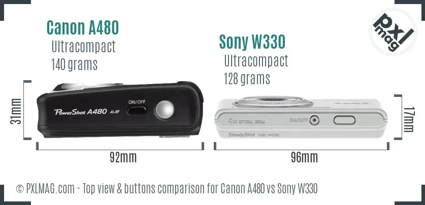 Canon A480 vs Sony W330 top view buttons comparison