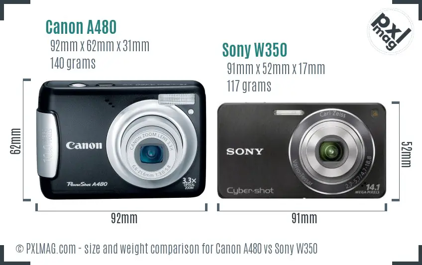 Canon A480 vs Sony W350 size comparison