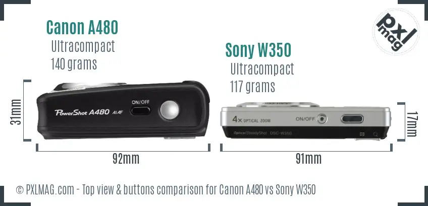 Canon A480 vs Sony W350 top view buttons comparison