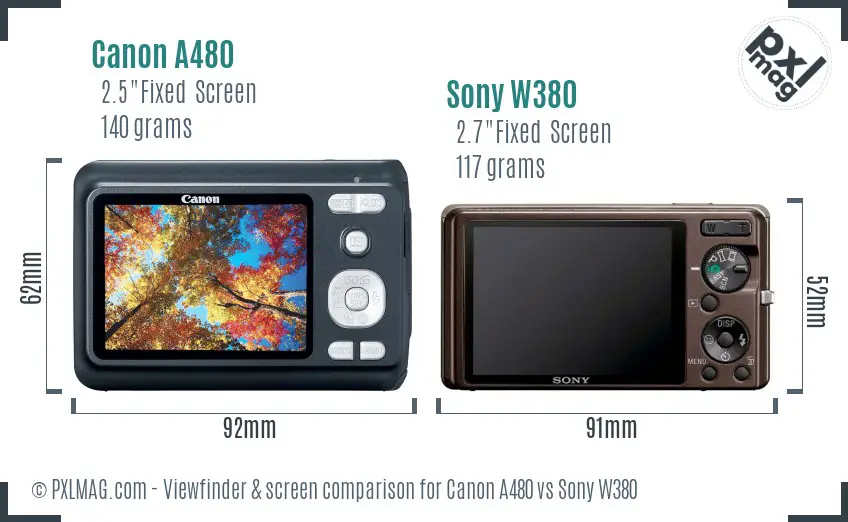 Canon A480 vs Sony W380 Screen and Viewfinder comparison
