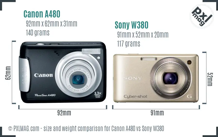 Canon A480 vs Sony W380 size comparison