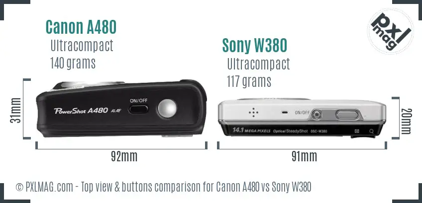 Canon A480 vs Sony W380 top view buttons comparison