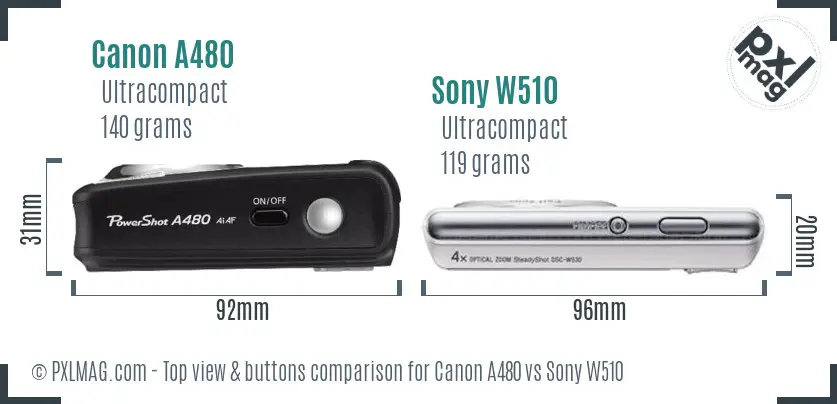 Canon A480 vs Sony W510 top view buttons comparison
