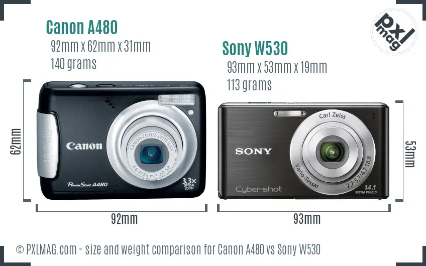 Canon A480 vs Sony W530 size comparison