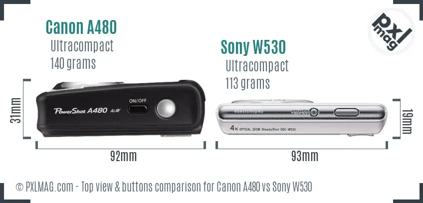 Canon A480 vs Sony W530 top view buttons comparison