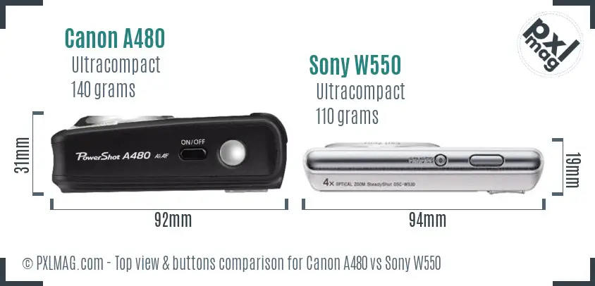 Canon A480 vs Sony W550 top view buttons comparison