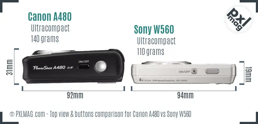 Canon A480 vs Sony W560 top view buttons comparison