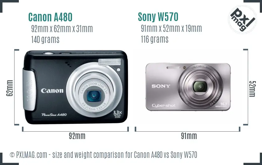 Canon A480 vs Sony W570 size comparison