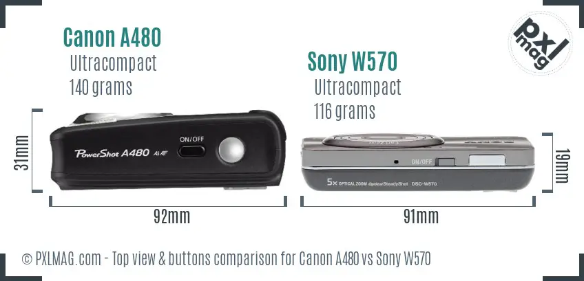 Canon A480 vs Sony W570 top view buttons comparison