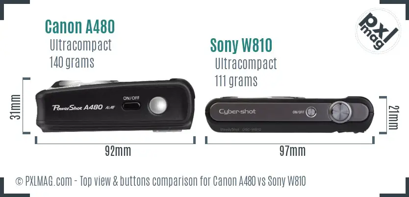 Canon A480 vs Sony W810 top view buttons comparison